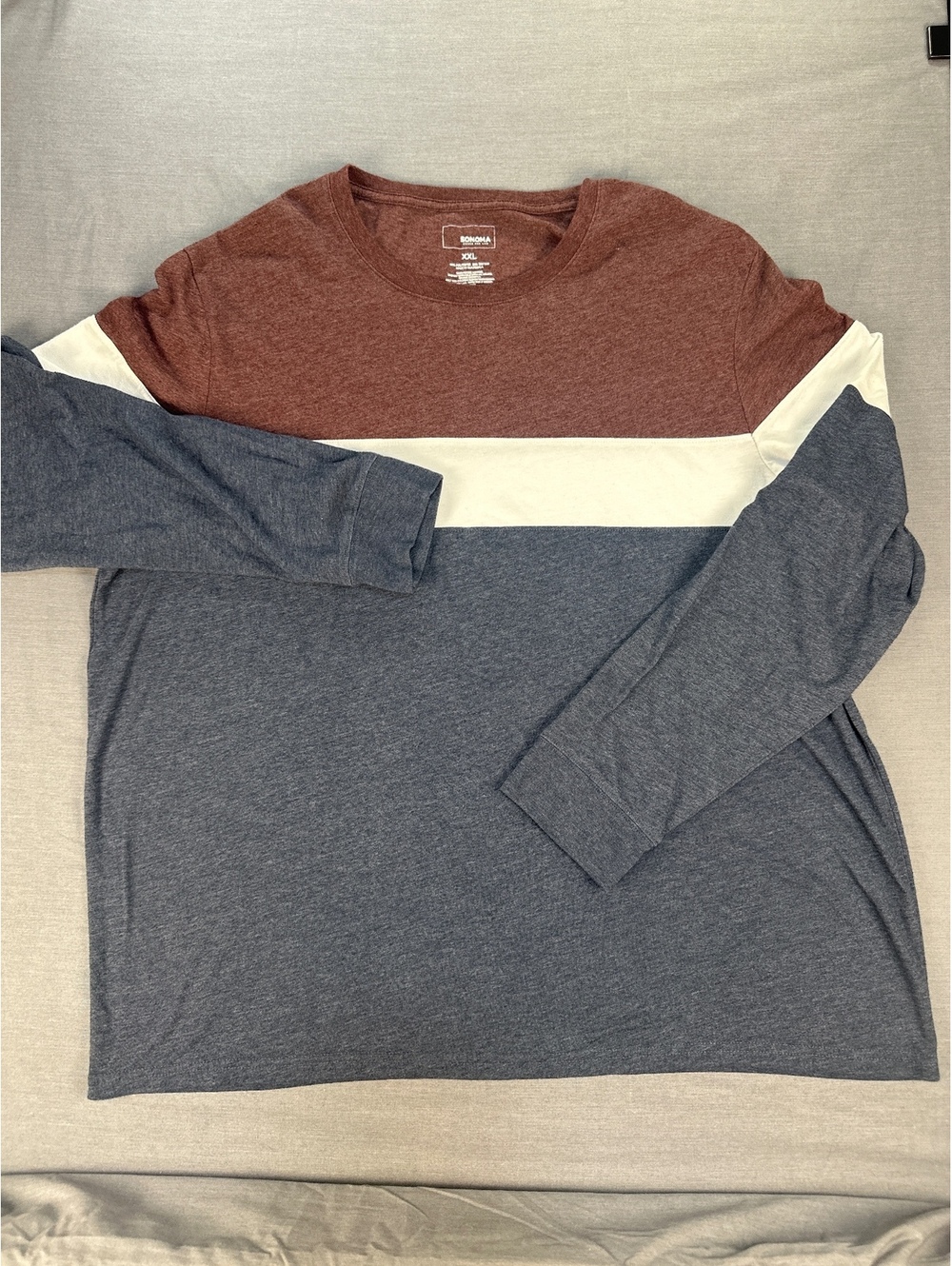 Sonoma Men's XXL Long Sleeve Colorblock T-Shirt - Burgundy, White, and Blue